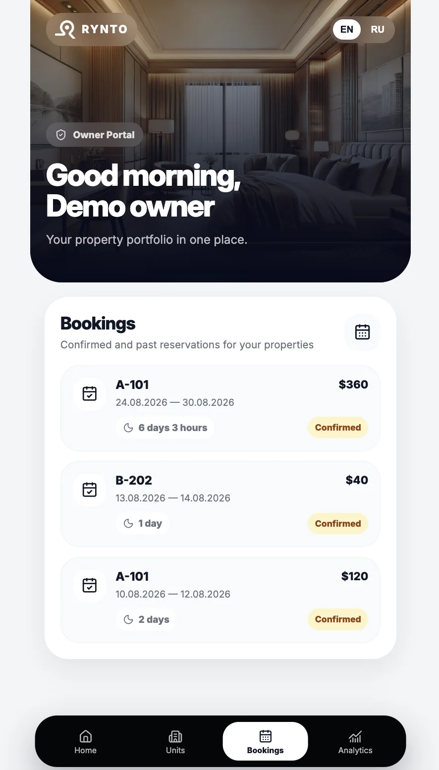 Booking history in RYNTO Owner Portal