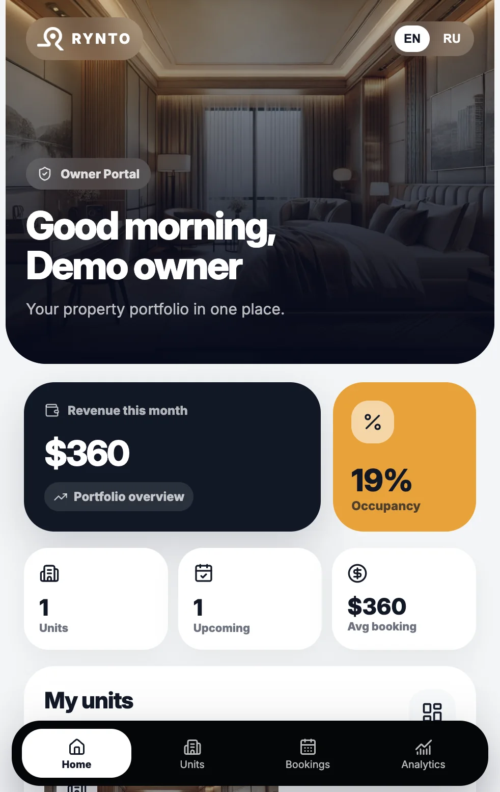 RYNTO Owner Portal dashboard with revenue and occupancy