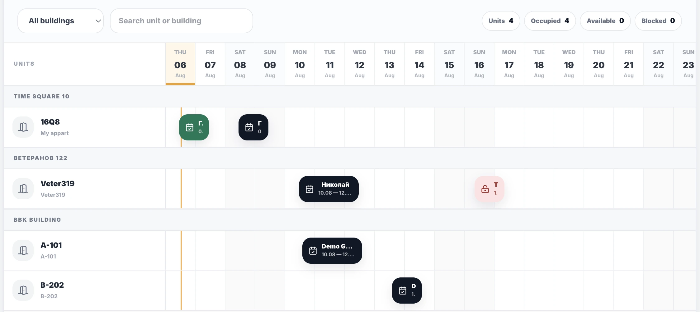 RYNTO occupancy board with bookings and unit blocks